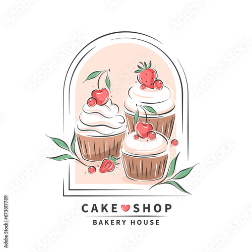 Сake, cupcake and berries. Cake shop. Vector illustration on white background for menu, recipe book, baking shop.