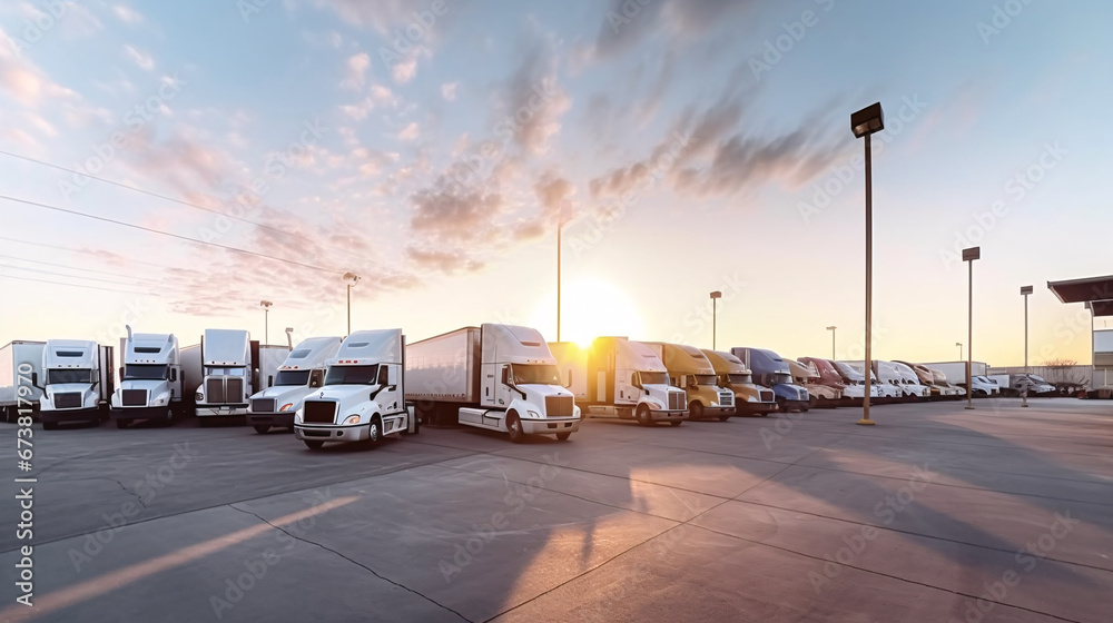 Fleet of trucks parked at parking lot yard of delivery company. Truck transport. Logistic industry. Freight transportation. Commercial truck for delivering goods from warehouse.