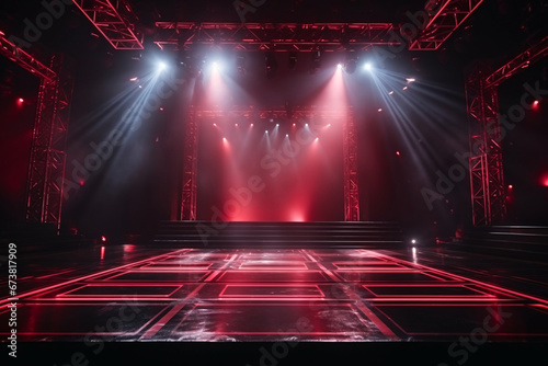 Rock concert stage light background with spotlight illuminated the stage for night music festival. Performance event stage. Empty stage with dramatic red colors. Entertainment show. photo