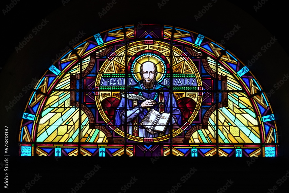 Stained Glass of Saint Francis de Sales. Vitrail de Saint François de Sales. Church Saint Jean-Baptiste in Méry, Haute Savoie - France