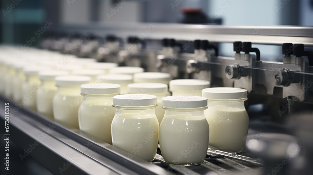 production line in a factory where jars of a white substance, possibly yogurt, are being filled, labeled, and sealed by machinery.