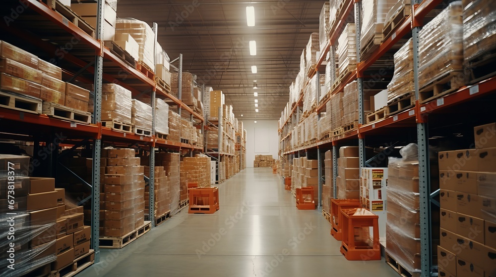 a warehouse with rows of shelves filled with stacks of boxes. A forklift is visible in the aisle, indicating ongoing logistics operations.