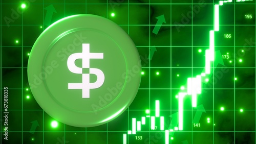 USDP, Pax Dollar, 3D illustration of a bullish market featuring glow green trading candles and up arrows, vibrant glowing green background, financial growth and market prosperity. 4K, photo