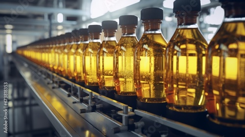 an industrial production line where amber-colored bottles are being filled with a liquid on a conveyor belt in a factory setting.