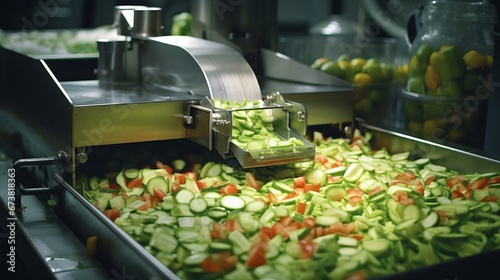 Specialized machinery slicing, dicing, and packaging fresh vegetables in a processing plant. photo