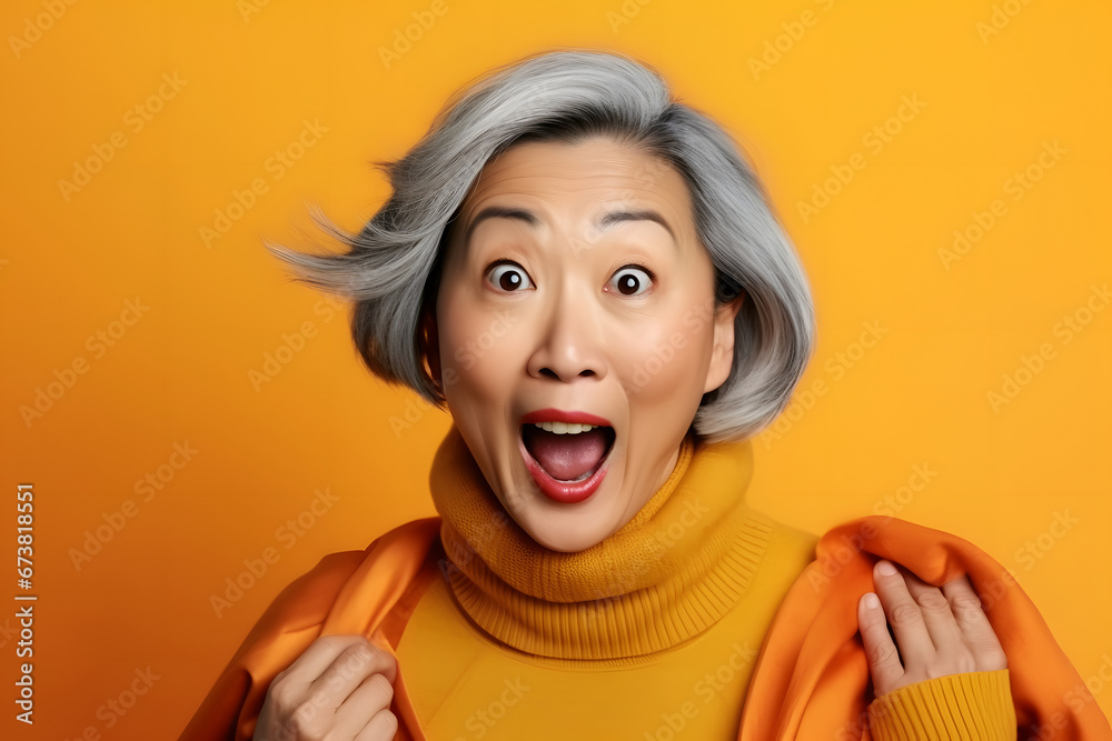 Surprised Asian woman on yellow background. Neural network generated image. Not based on any actual person or scene. Surprised Asian woman on yellow background. Neural network generated image. Not based on any actual person or scene.