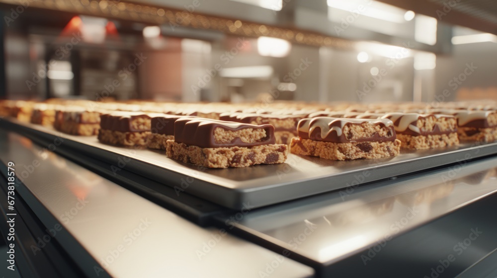 a group of workers in a commercial kitchen preparing chocolate-covered pastries. They are using various kitchen equipment and following food safety practices.Background