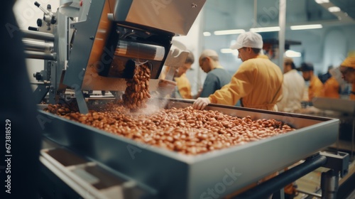 a group of workers in a food processing factory. They are wearing yellow uniforms and are operating machinery on a production line that is processing nuts.Background photo