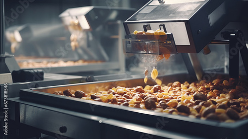  commercial deep fryer in a restaurant kitchen dispensing golden, crispy fried food like french fries and chicken nuggets into a metal tray.Background