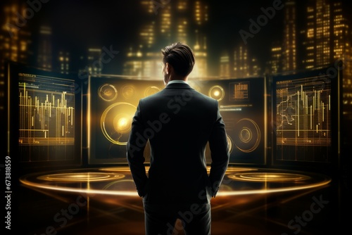 Successful trader working in modern office, looking at display, sale and buy bitcoin and analyzing index on cryptocurrency market diagram yellow and gold background photo