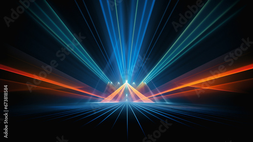 Abstract, geometric triangle shape tunnel with vibrant pink and blue laser neon lights beam and futuristic design style with copy space . 