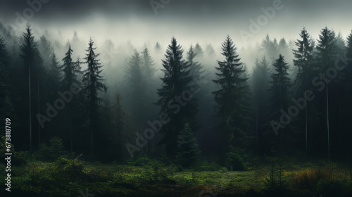 Dark gloomy silhouette of a forest against a rainy sky