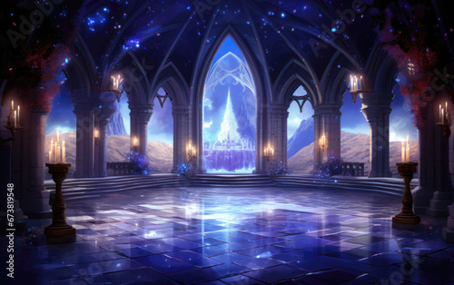 Illustration of a fantasy medieval interior. Arches, lights and beautiful ceiling with stars.