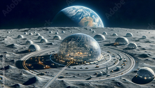 Future Lunar Colony: A Vision of Human Settlement on the Moon's Surface with Earthrise View.
