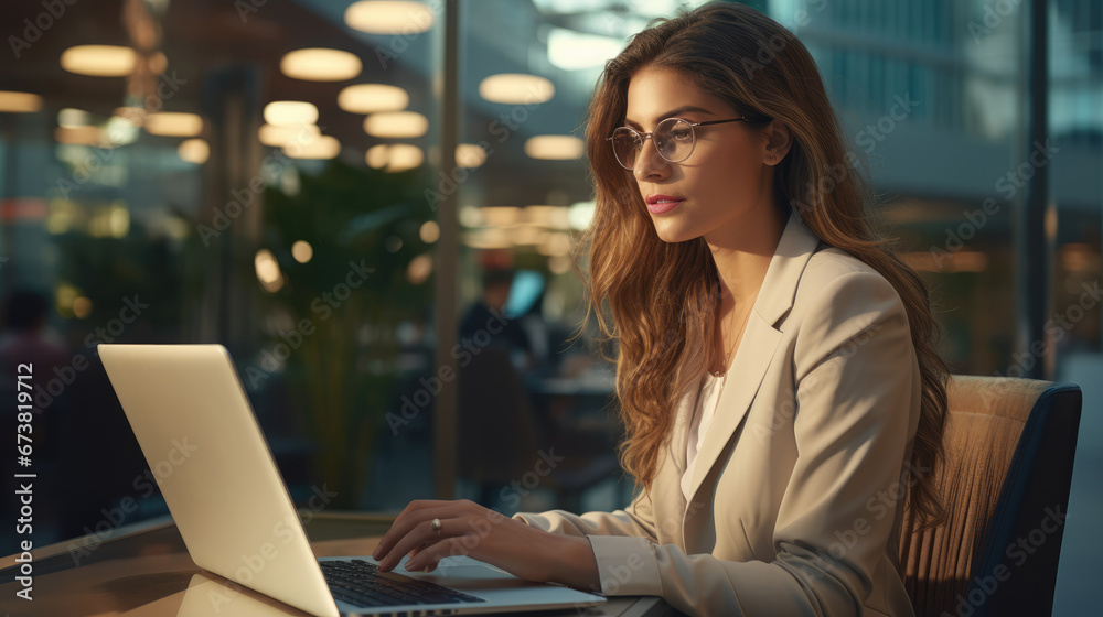 business woman working on a laptop in a professional office, Stylish Beautiful Manager working on financial and marketing projects, Generative AI business woman working on a laptop in a professional office, Stylish Beautiful Manager working on financial and marketing projects, Generative AI