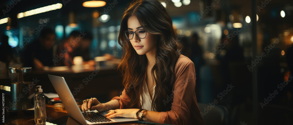 business woman working on a laptop in a professional office, Stylish Beautiful Manager working on financial and marketing projects, Generative AI business woman working on a laptop in a professional office, Stylish Beautiful Manager working on financial and marketing projects, Generative AI