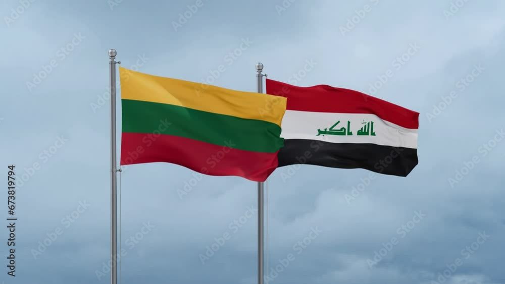 Iraq flag and Lithuania flag waving together on blue sky, looped video Iraq flag and Lithuania flag waving together on blue sky, looped video