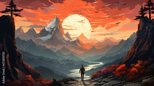 Adventurous traveler explores majestic mountain range at sunset © senadesign