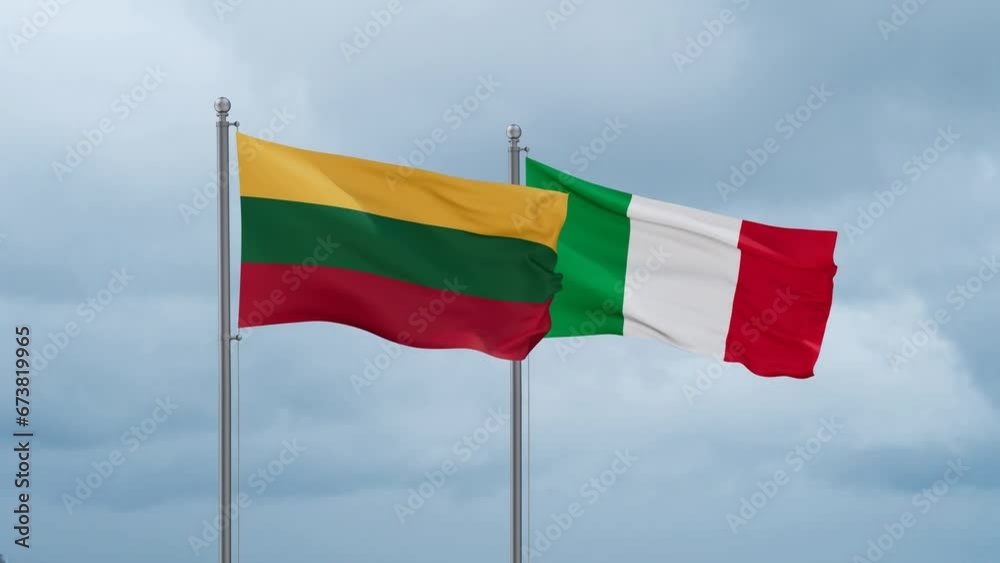 Italy and Lithuania flag waving together on cloudy sky, endless seamless loop, two country cooperation concept Italy and Lithuania flag waving together on cloudy sky, endless seamless loop, two country cooperation concept