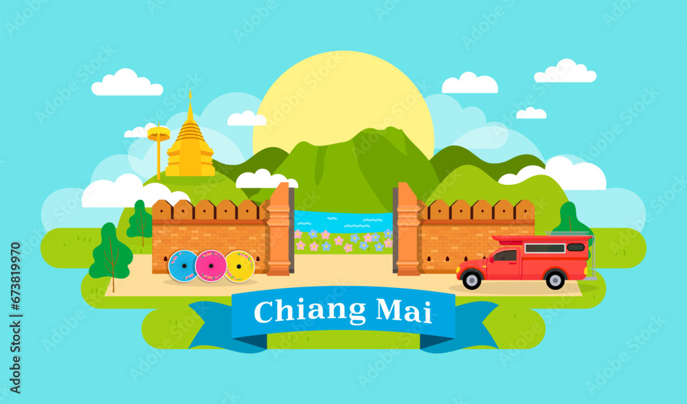 Chiang Mai city attractions vector illustration. Chiang mai tourism