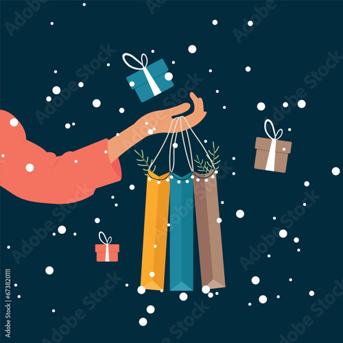 Christmas shopping. A girl, a woman holds packages and gifts in her hands. Big Christmas sales. Vector illustration of flat design style. Discounts for holidays. Buyer with a lot of packages.