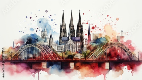 An illustration of Cologne's old town in colorful watercolors, isolated on a white background photo