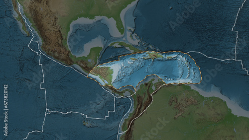 Caribbean plate highlighted. Eckert III. Topografic