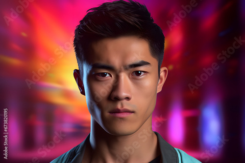 serious young adult Asian man  head and shoulders portrait on colorful background. Neural network generated photorealistic image. Not based on any actual person or scene.