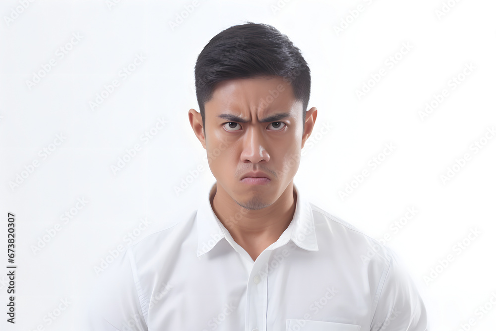 serious young adult Asian man, head and shoulders portrait on white background. Neural network generated photorealistic image. Not based on any actual person or scene. serious young adult Asian man, head and shoulders portrait on white background. Neural network generated photorealistic image. Not based on any actual person or scene.