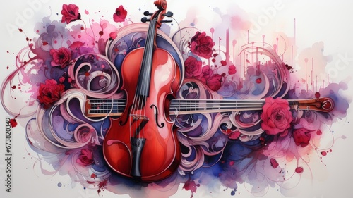 Illustration of music symbols, instruments and notes in colorful watercolors photo