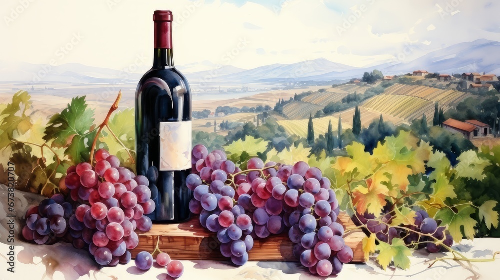 Rural Harvest: Refreshing red wine from the vineyard. Blue grapes with a red wine bottle in watercolor with landscape view.