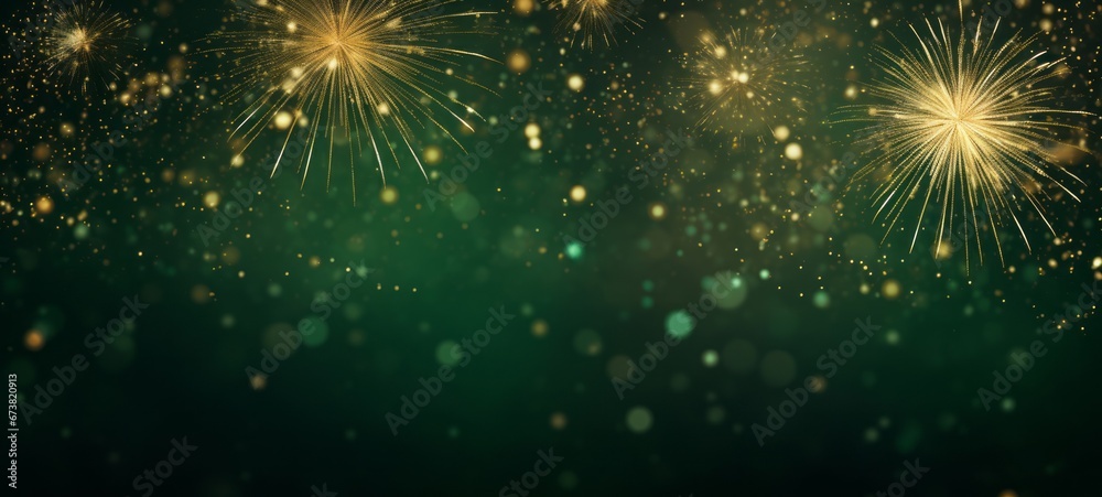Silvester Sylvester 2024 New year New Year's Eve Party background banner panorama illustration - Abstract gold firework fireworks on dark green texture with bokeh lights - obrazy, fototapety, plakaty 