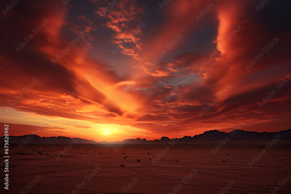 landscape illustration of sunset over sand dunes in the desert. Created with Generative AI