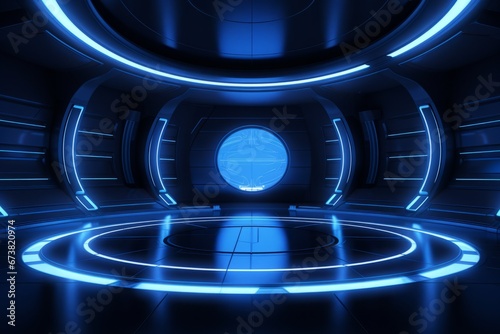 Vibrant Circular Frame on Blue Background. Pictorial Space with Bold Black Lines.