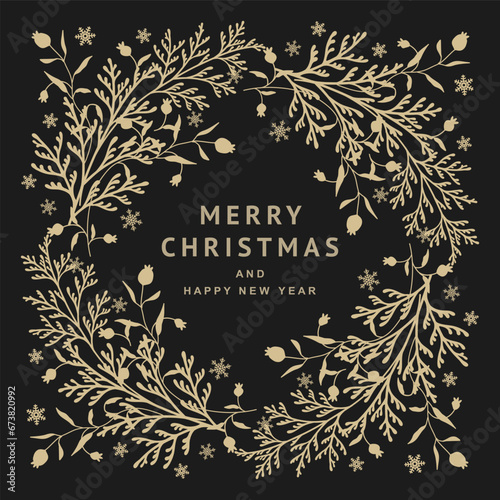 Christmas luxuri botanical square frame. Golden wreath with coniferous branches, berries and snowflakes. isolated on black background. Vector illustration
