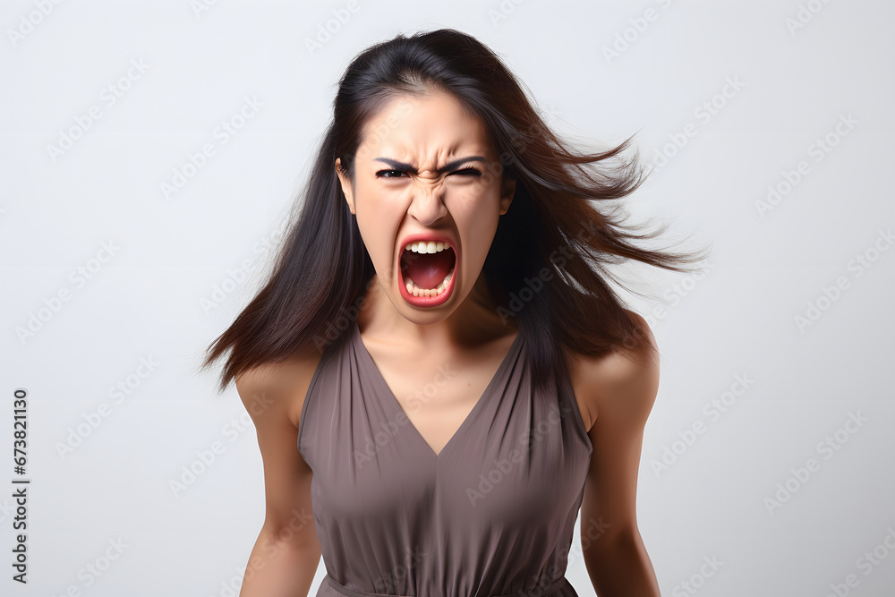 Angry young adult Asian woman yelling on white background. Neural network generated image. Not based on any actual person or scene. Angry young adult Asian woman yelling on white background. Neural network generated image. Not based on any actual person or scene.