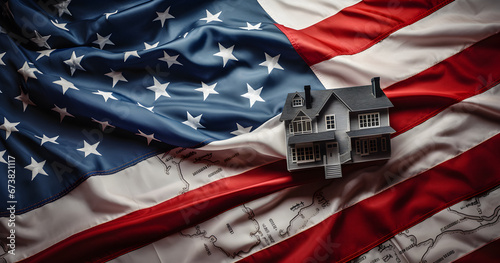 house money, american flag background, usa house mortgage, saving money, sale of real estate, rental housing, small living house, photo