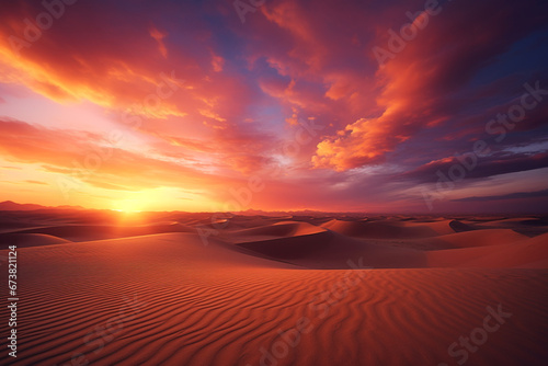 landscape illustration of sunset over sand dunes in the desert. Created with Generative AI © agrus_aiart