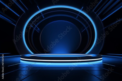 Dark Modernism: Circular Frame on Vivid Blue Backdrop with Bright Lights.
