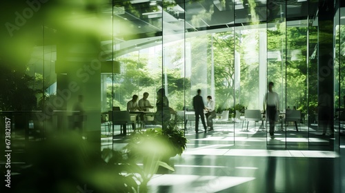 Green, sustainable and environmental office space with daily employee rush. Modern and nature friendly startup business with ESG standards and care for worker wellness and healthy environment.