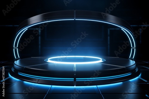 Exploration of Futuristic Design in a Black Room with Ethereal Blue Lighting