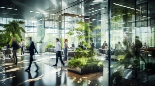 Green, sustainable and environmental office space with daily employee rush. Modern and nature friendly startup business with ESG standards and care for worker wellness and healthy environment. photo