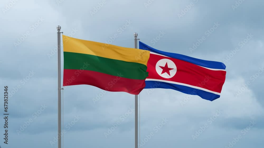 North Korea and Lithuania flag waving together on cloudy sky, endless seamless loop North Korea and Lithuania flag waving together on cloudy sky, endless seamless loop