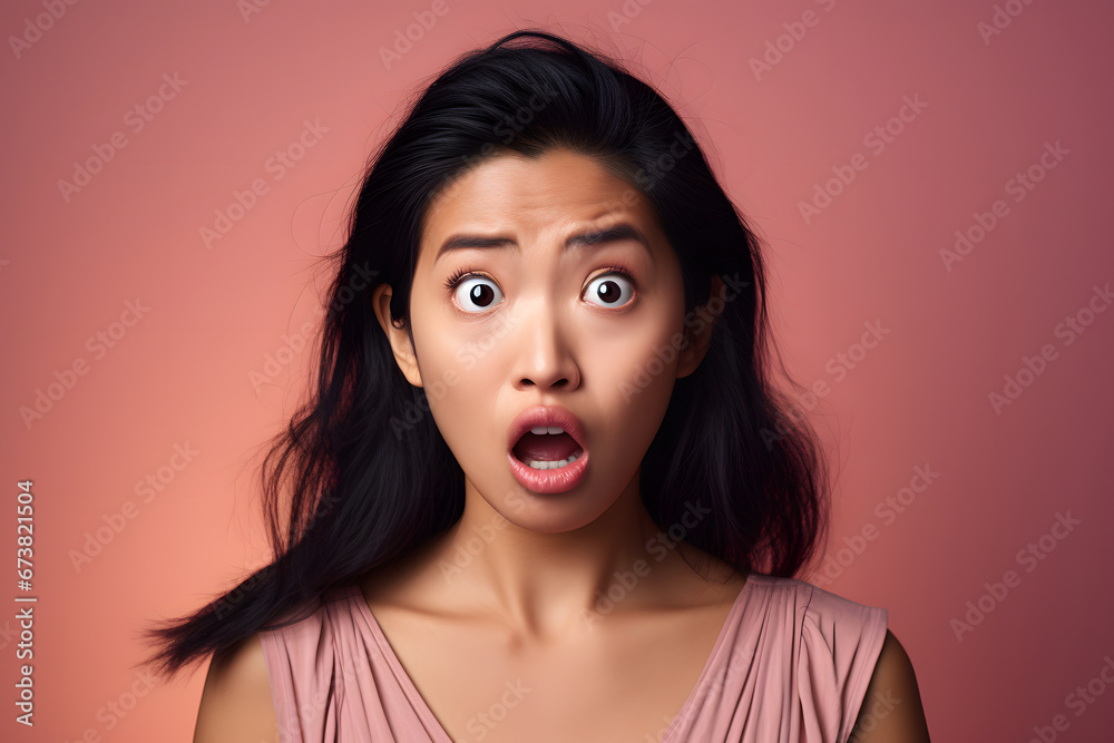 Surprised Asian young adult woman on coral pink background. Neural network generated image. Not based on any actual person or scene. Surprised Asian young adult woman on coral pink background. Neural network generated image. Not based on any actual person or scene.