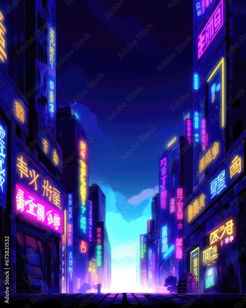 Night city street with neon lights