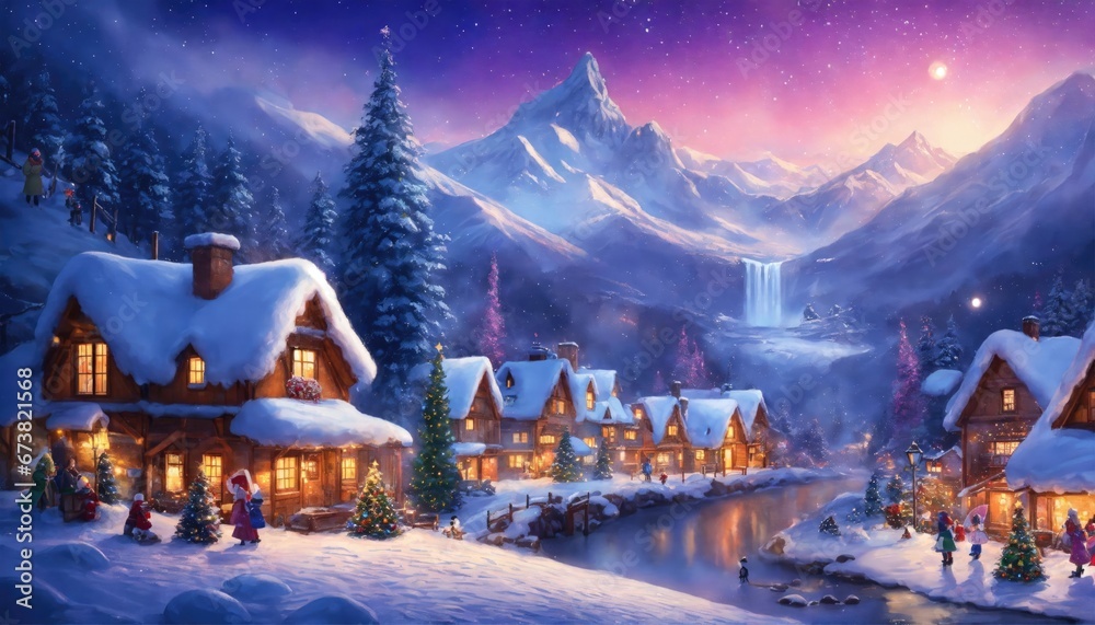 village, town, christmas, xmas, landscape, snowboarding, decoration, winter, house, water, tree, forest, holiday, night, happy, lights, illustration, digital, painting, home, season, star, sky, moon