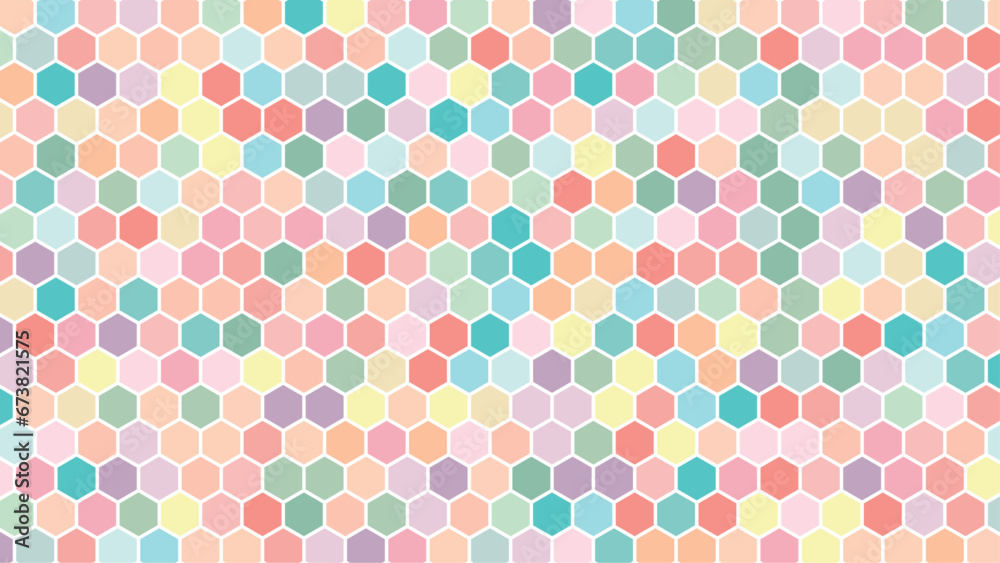seamless pattern colorful hexagon background. Honeycomb texture. Honey wallpaper. Hex structure. Mosaic wall. Business presentation. Polygon cell banner. Computer data. Vector illustration.