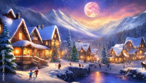 village, town, christmas, xmas, landscape, snowboarding, decoration, winter, house, water, tree, forest, holiday, night, happy, lights, illustration, digital, painting, home, season, star, sky, moon