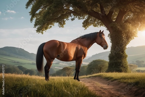 Tranquil Repose: Majestic Horse Under the Countryside Tree