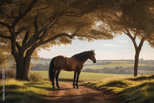 Rustic Tranquility: Serene Horse in the Embrace of a Countryside Tree